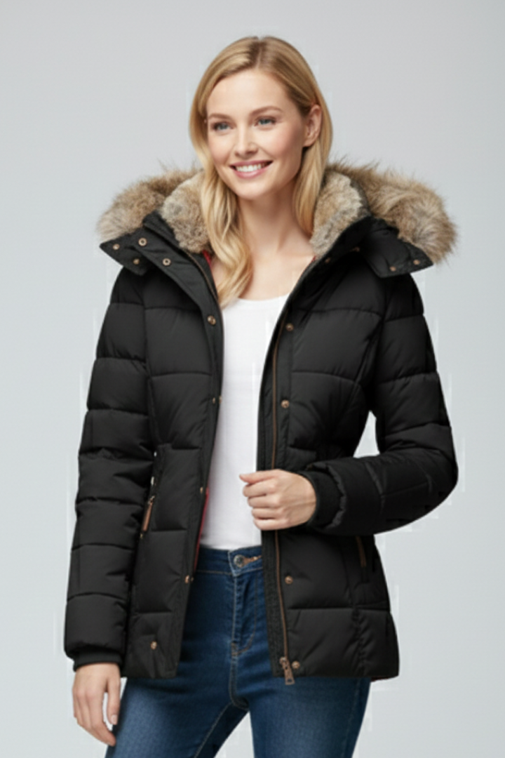 Women’s Hooded Jacket with Fur Trim and Padded Panels