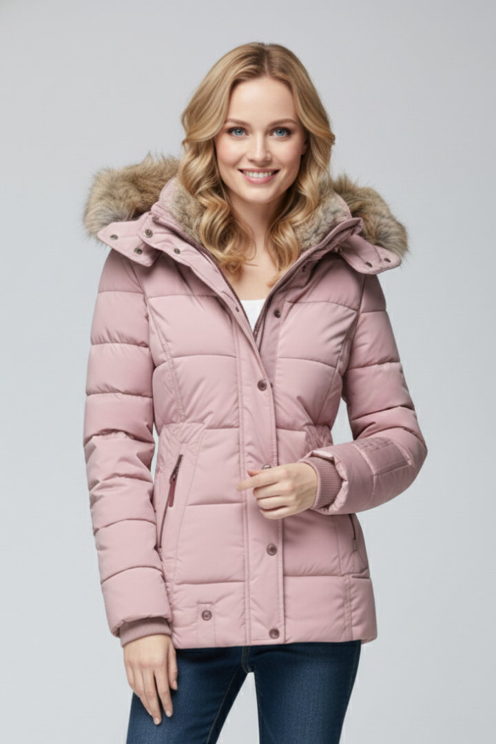 Women’s Hooded Jacket with Fur Trim and Padded Panels