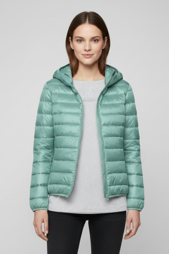 Women’s Hooded Jacket with Zip Fastening and Quilted Surface