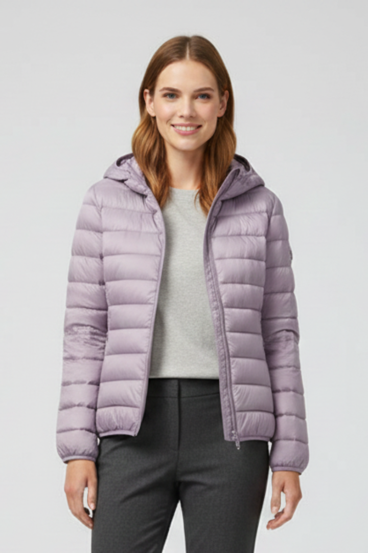 Women’s Hooded Jacket with Zip Fastening and Quilted Surface