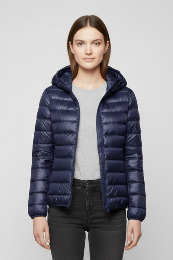 Women’s Hooded Jacket with Zip Fastening and Quilted Surface