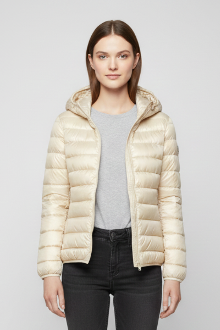Women’s Hooded Jacket with Zip Fastening and Quilted Surface