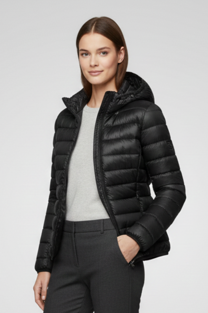 Women’s Hooded Jacket with Zip Fastening and Quilted Surface