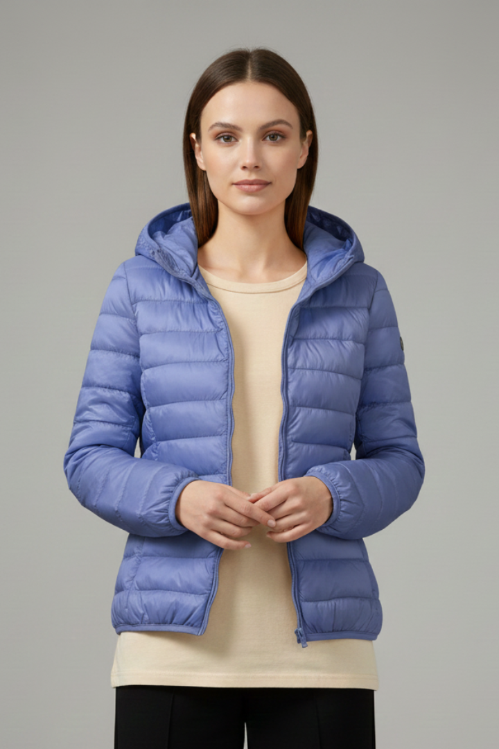 Women’s Hooded Jacket with Zip Fastening and Quilted Surface