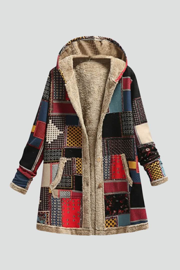 Women’s Hooded Overcoat with Zip and Patchwork Surface