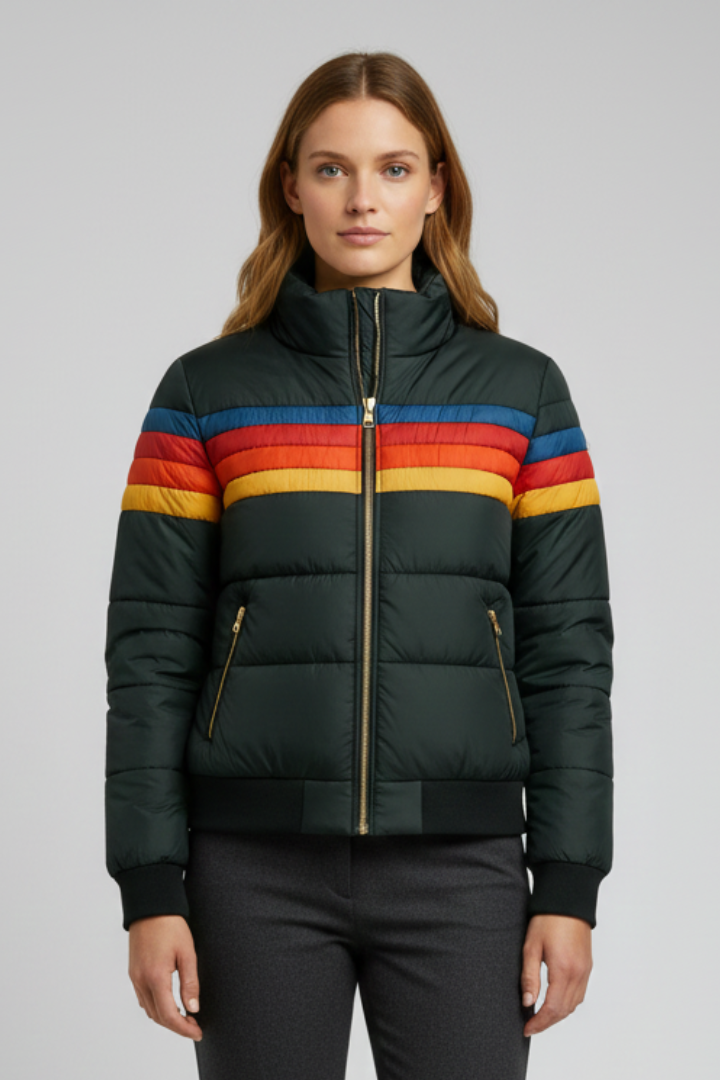 Women’s Hooded Puffer Jacket with Front Zip and Striped Surface