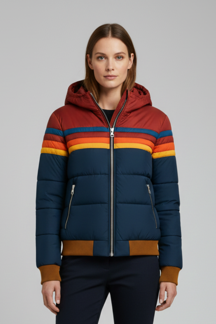 Women’s Hooded Puffer Jacket with Front Zip and Striped Surface