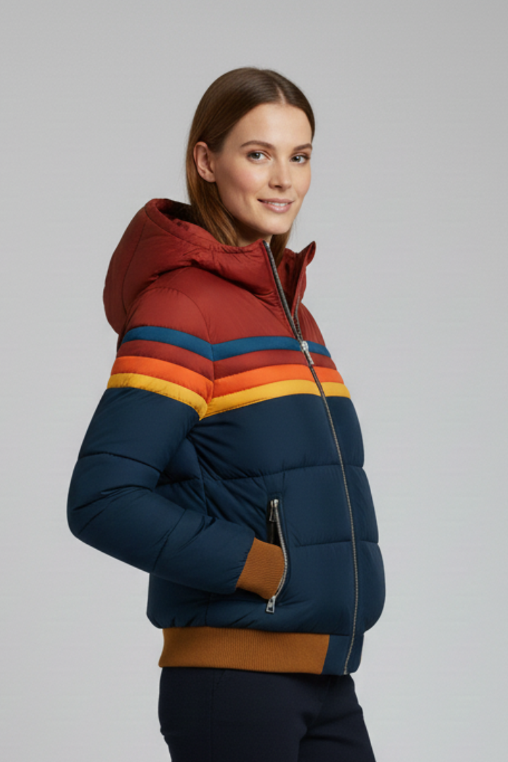 Women’s Hooded Puffer Jacket with Front Zip and Striped Surface