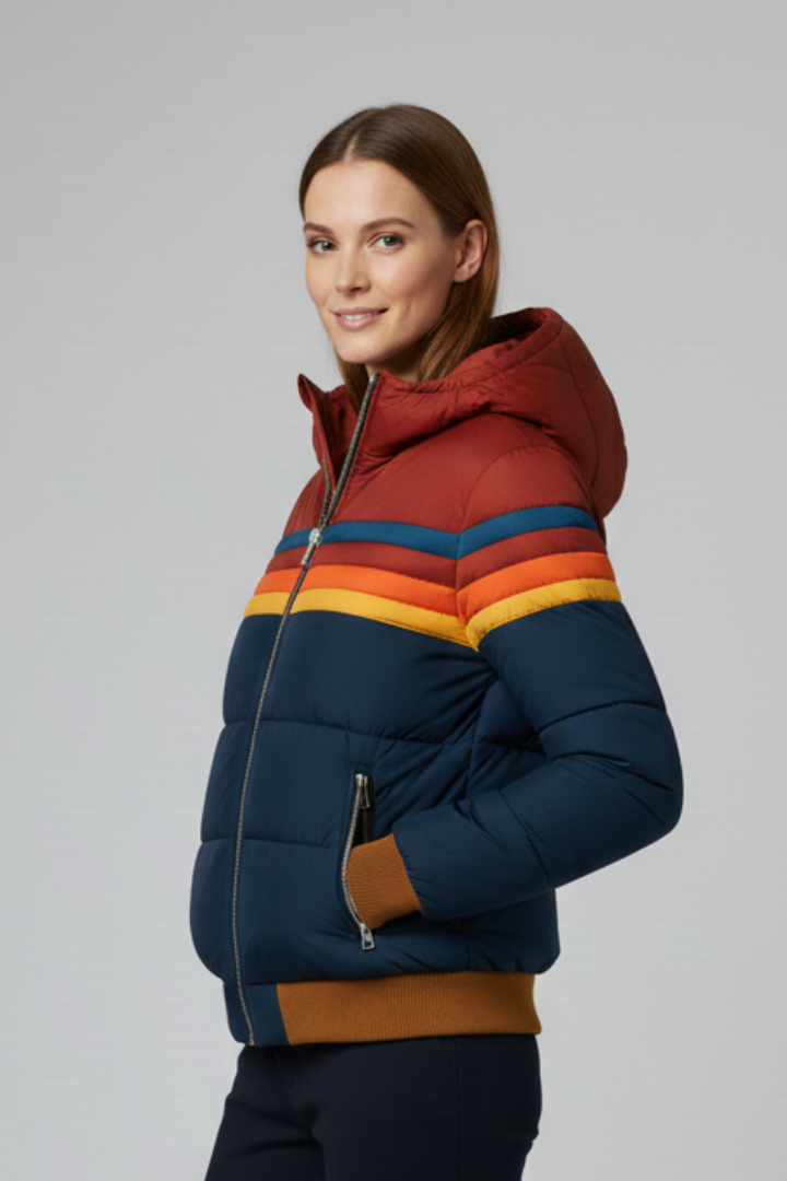 Women’s Hooded Puffer Jacket with Front Zip and Striped Surface