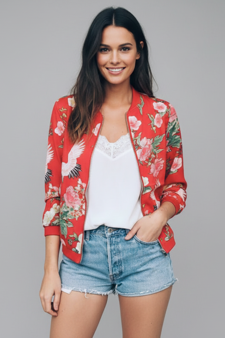 Women’s Jacket with Printed Surface and Zip Closure