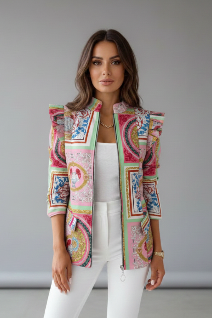Women’s Jacket with Zip Closure and Patterned Surface