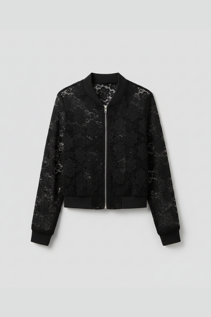 Women’s Jacket with Zip Fastening and Lace-Look Surface