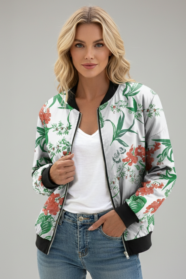 Women’s Jacket with Zip and Floral Pattern