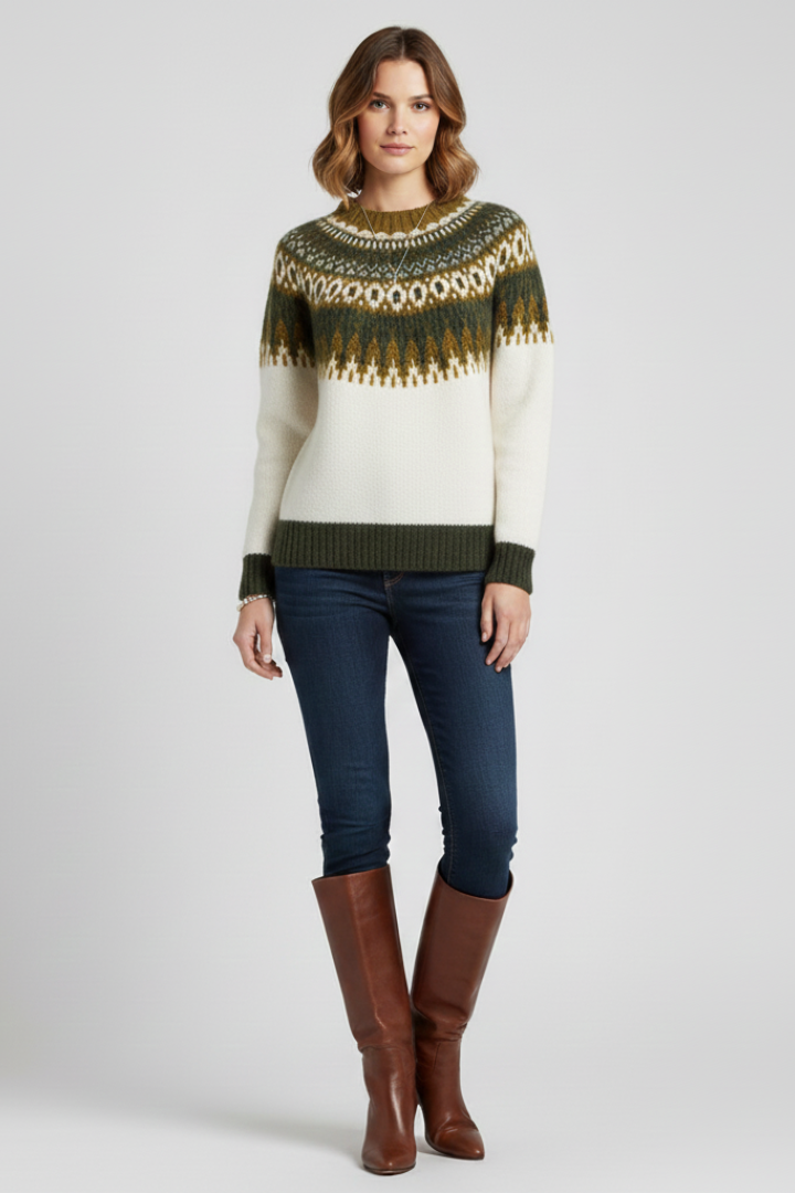Women’s Jumper with Round Neck and Nordic Jacquard Pattern