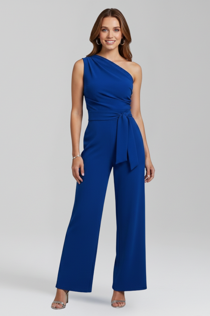 Women’s Jumpsuit with Asymmetric Neckline and Waist Belt