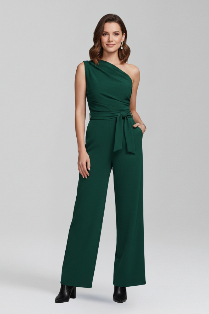 Women’s Jumpsuit with Asymmetric Neckline and Waist Belt