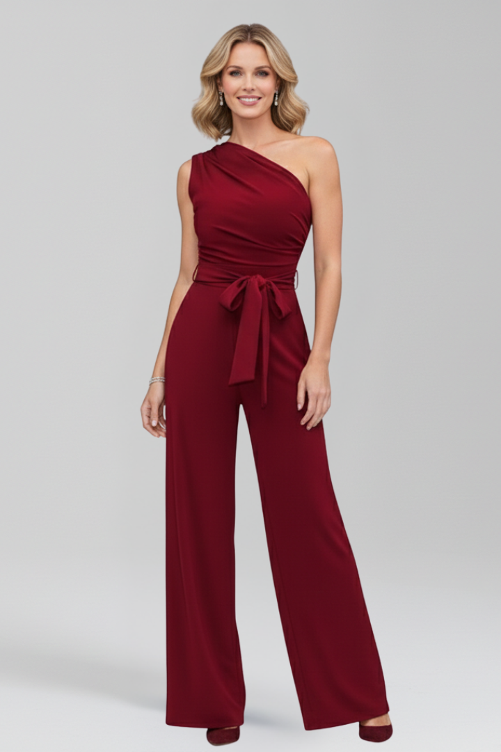 Women’s Jumpsuit with Asymmetric Neckline and Waist Belt