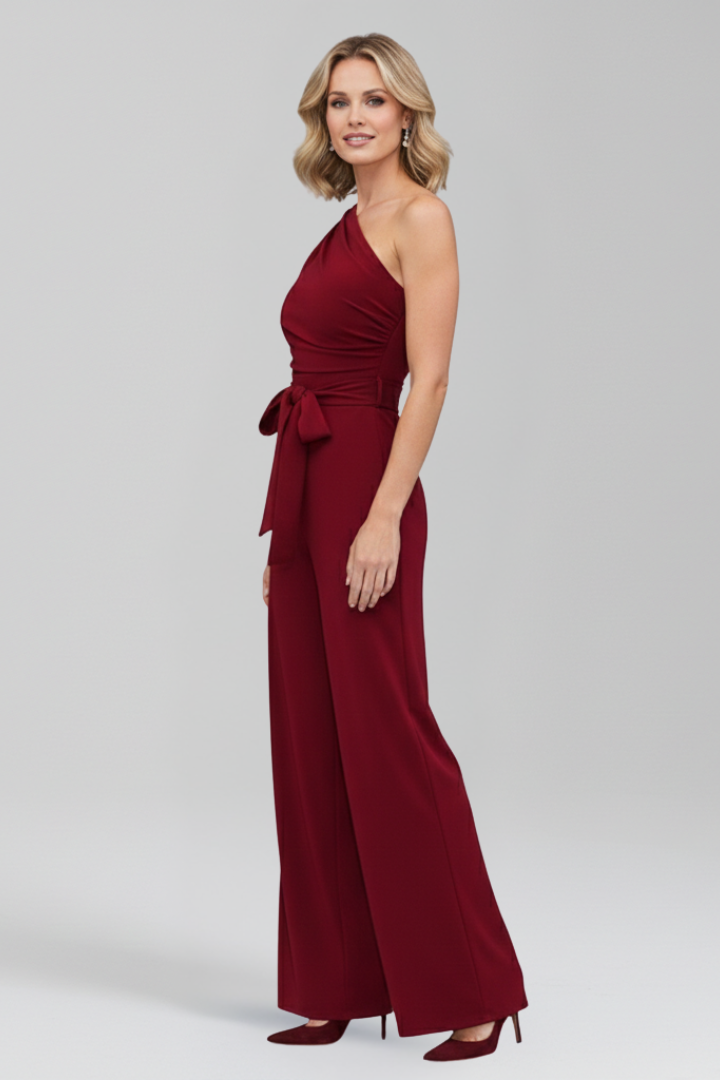 Women’s Jumpsuit with Asymmetric Neckline and Waist Belt