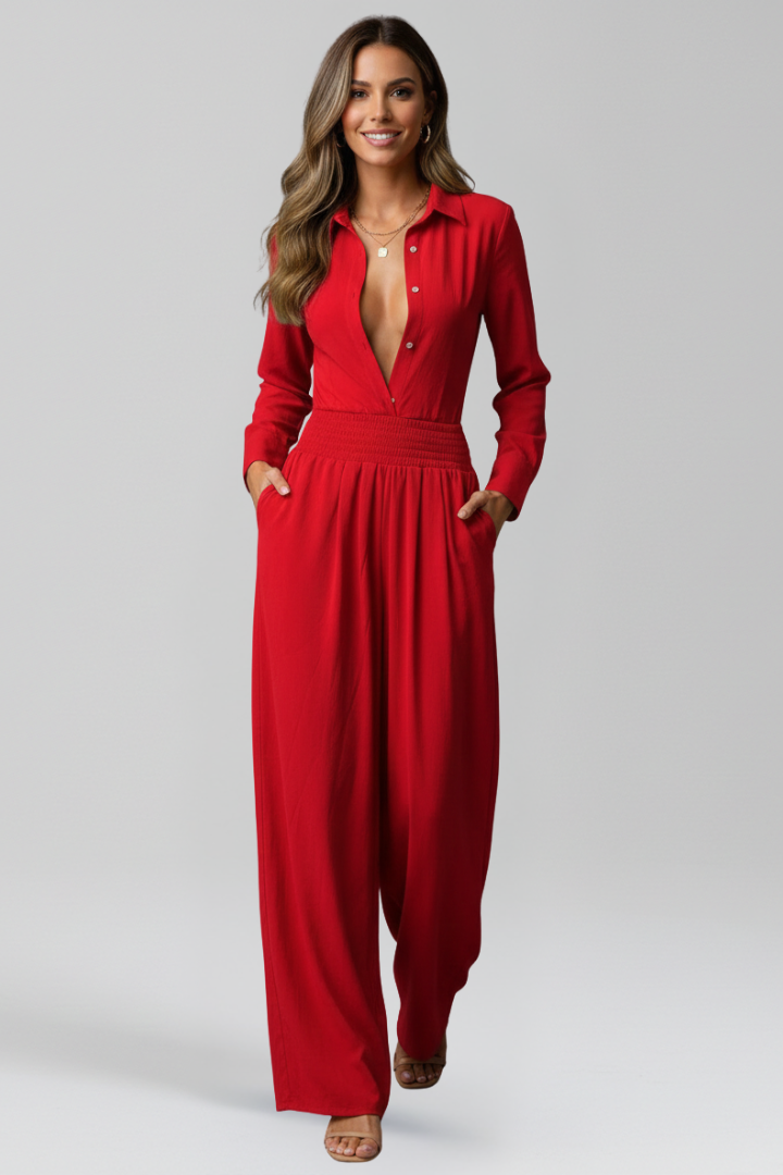 Women’s Jumpsuit with Collar Neck and Long Sleeves
