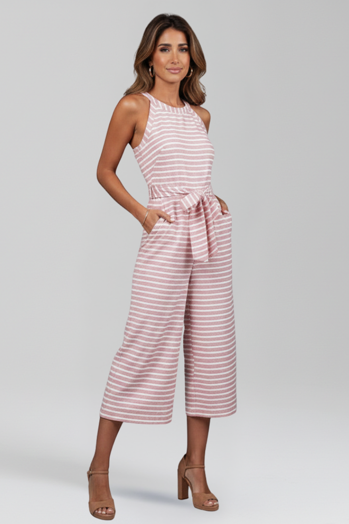 Women’s Jumpsuit with Halter Neckline and Waist Belt