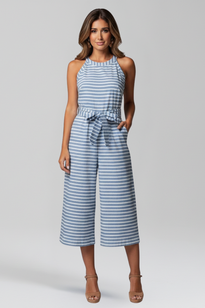 Women’s Jumpsuit with Halter Neckline and Waist Belt