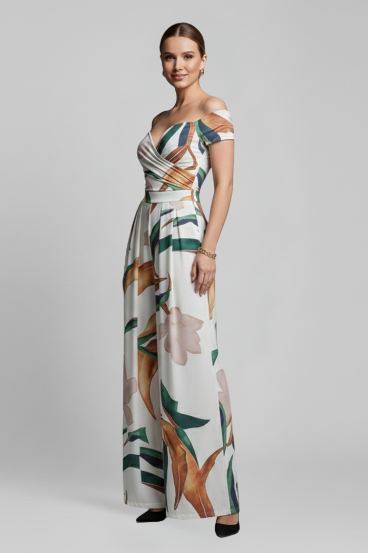Women’s Jumpsuit with Off-Shoulder Neckline and Printed Surface