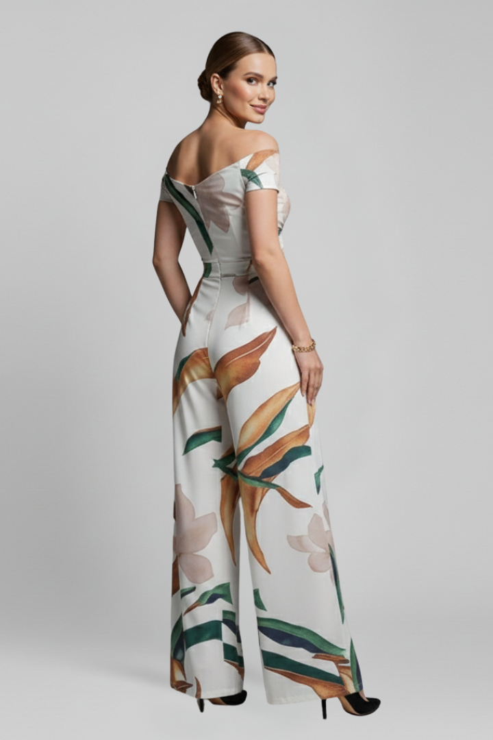 Women’s Jumpsuit with Off-Shoulder Neckline and Printed Surface