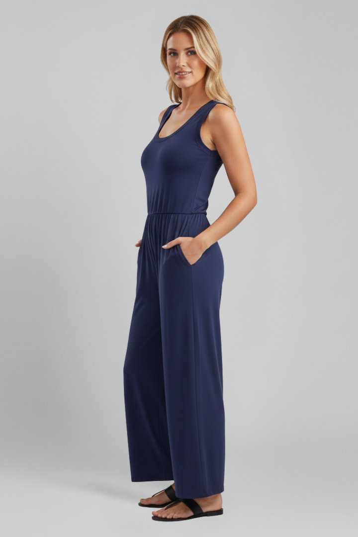 Women’s Jumpsuit with Round Neckline and Elastic Waist