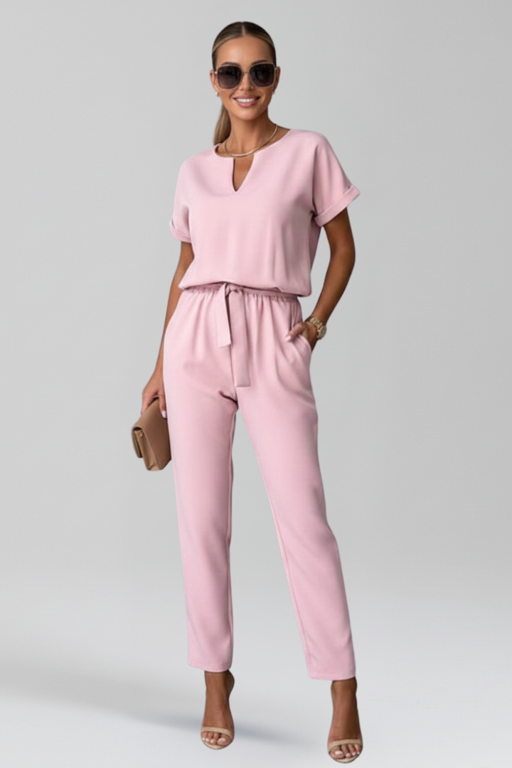 Women’s Jumpsuit with Round Neckline and Waist Tie
