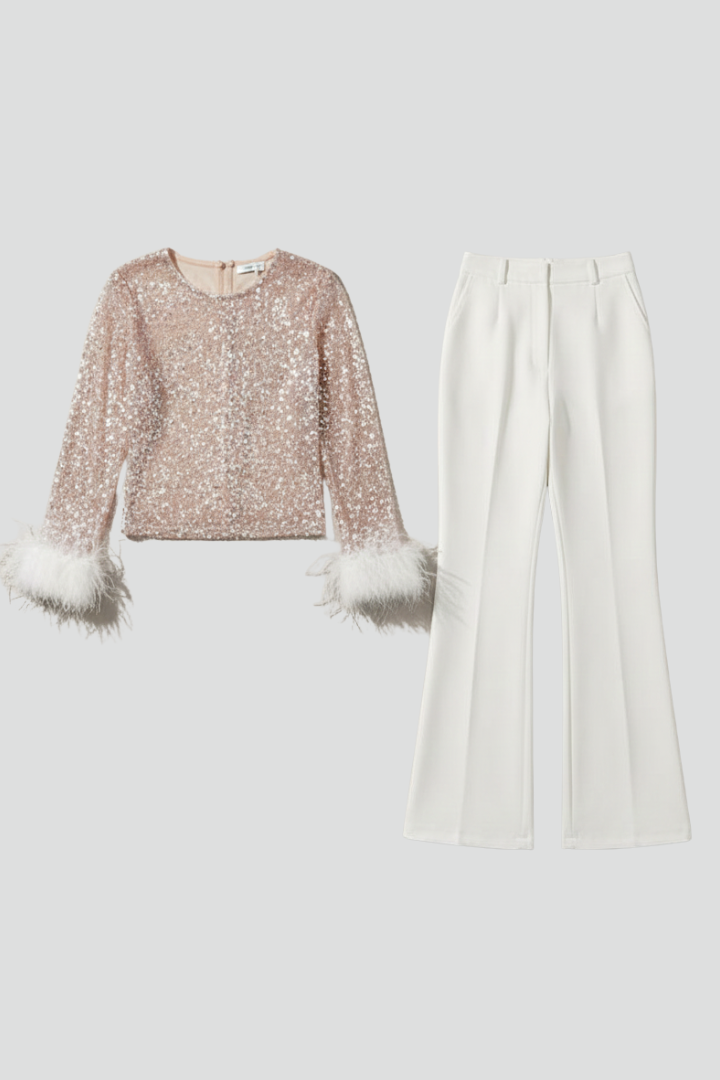 Women’s Jumpsuit with Sequin Top and Feather-Trimmed Cuffs