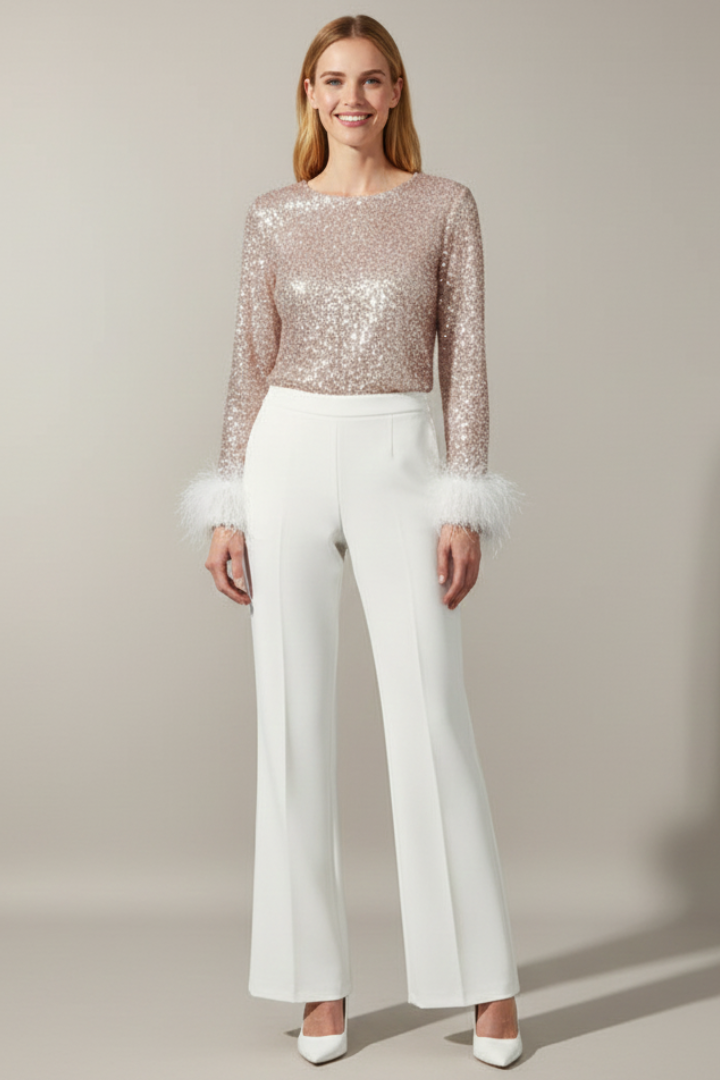 Women’s Jumpsuit with Sequin Top and Feather-Trimmed Cuffs