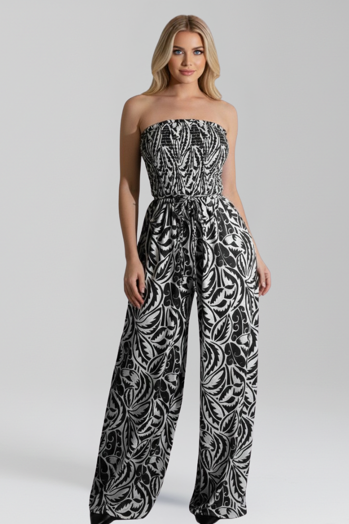 Women’s Jumpsuit with Strapless Neckline and Printed Surface