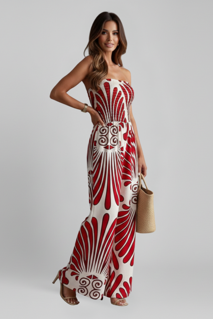 Women’s Jumpsuit with Strapless Neckline and Printed Surface