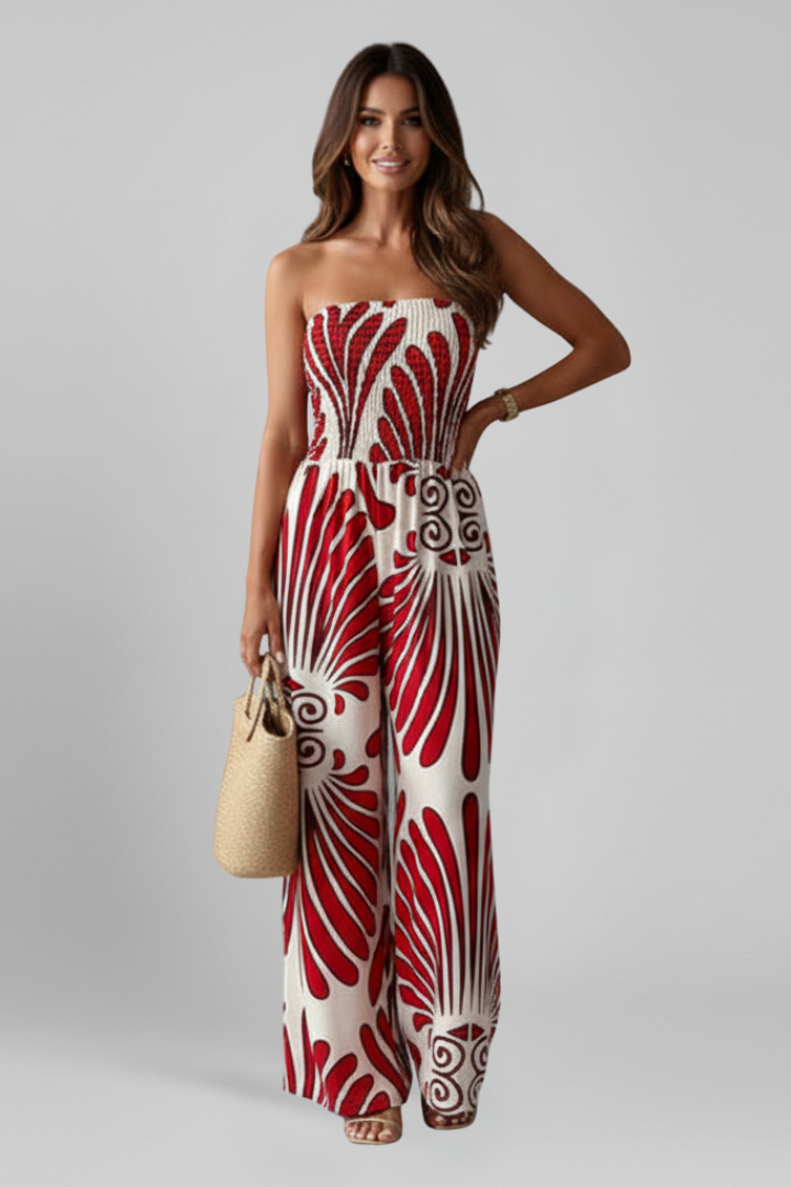 Women’s Jumpsuit with Strapless Neckline and Printed Surface
