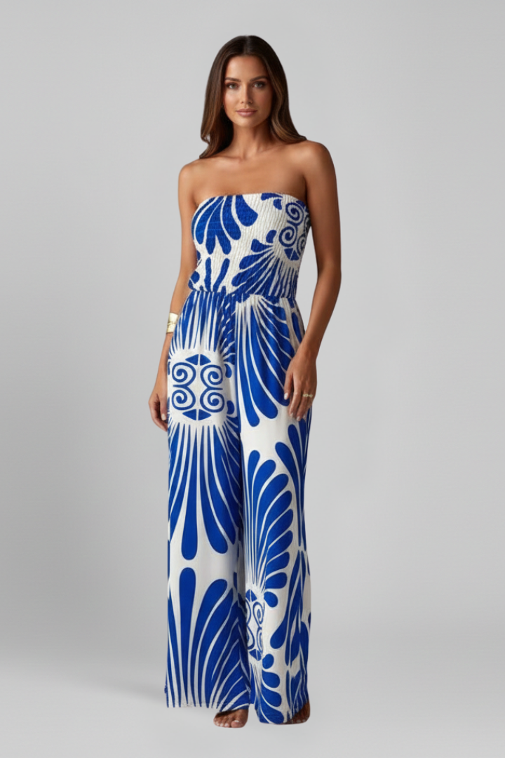 Women’s Jumpsuit with Strapless Neckline and Printed Surface