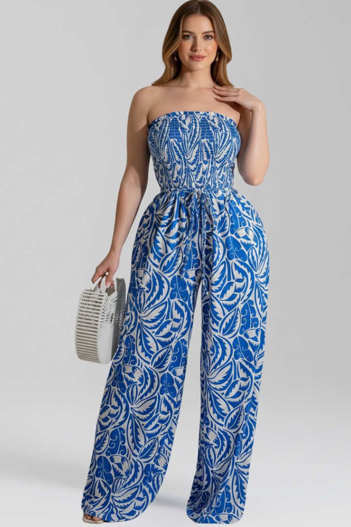 Women’s Jumpsuit with Strapless Neckline and Printed Surface
