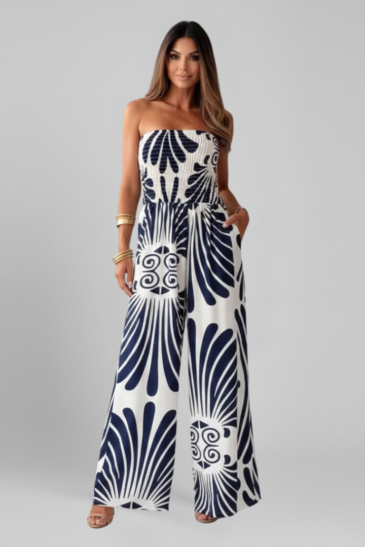 Women’s Jumpsuit with Strapless Neckline and Printed Surface