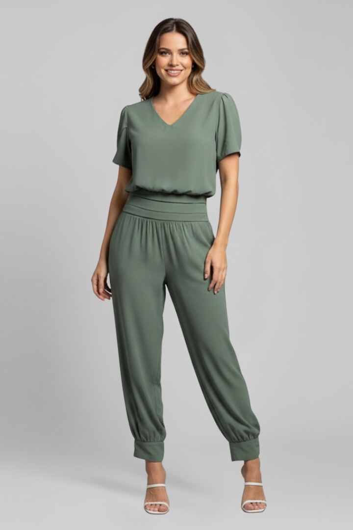 Women’s Jumpsuit with V Neckline and Elastic Waist