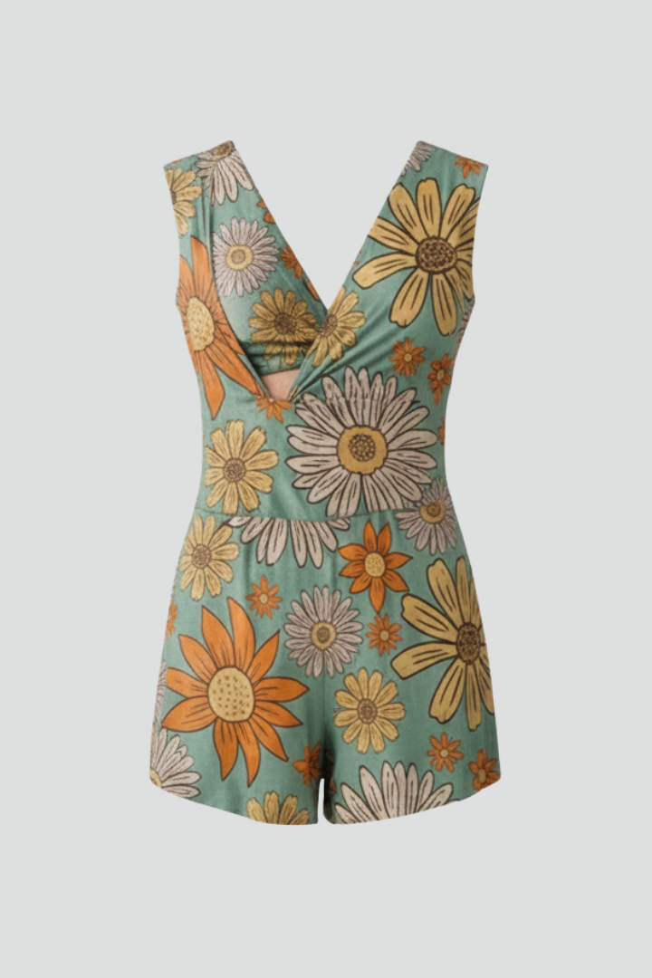 Women’s Jumpsuit with V Neckline and Floral Surface