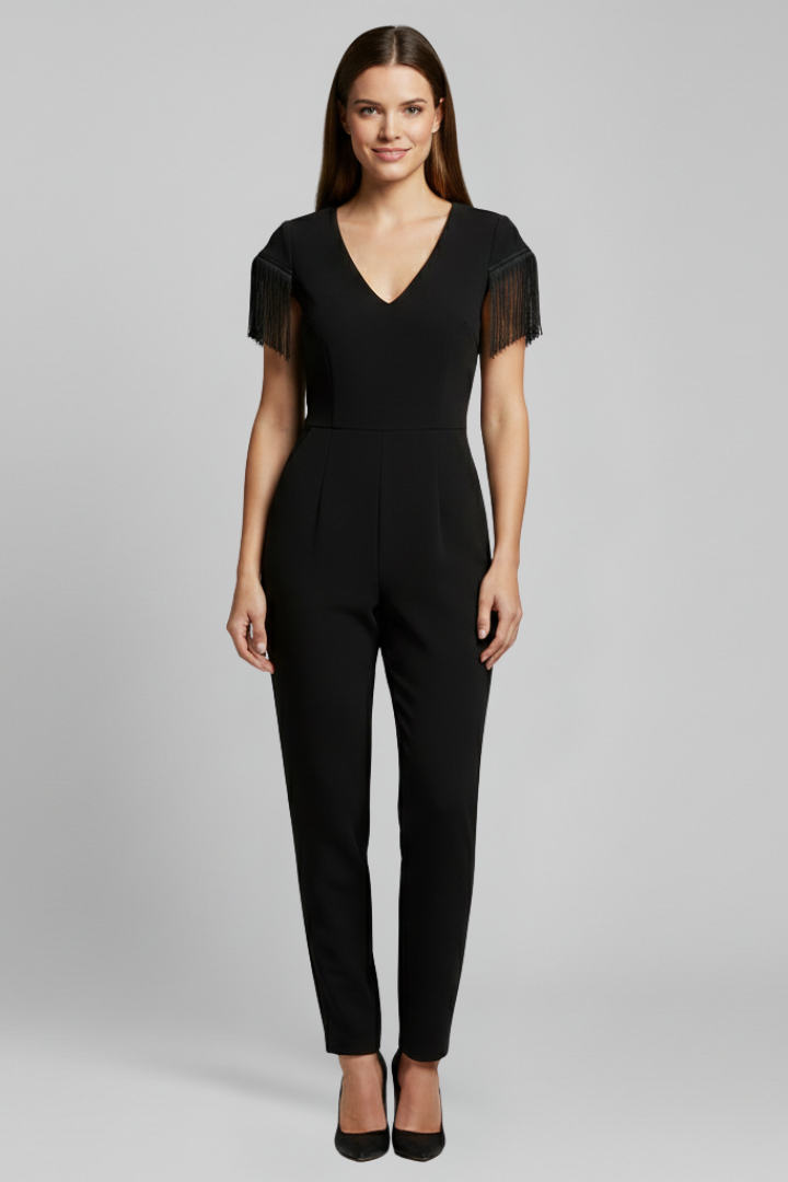 Women’s Jumpsuit with V Neckline and Fringe Shoulders