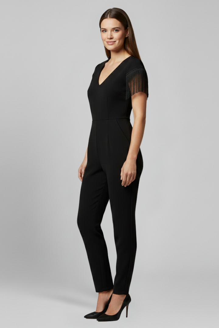 Women’s Jumpsuit with V Neckline and Fringe Shoulders
