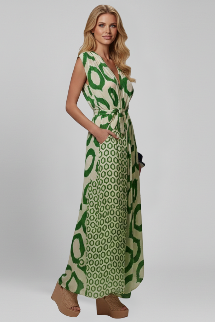 Women’s Jumpsuit with V Neckline and Printed Surface