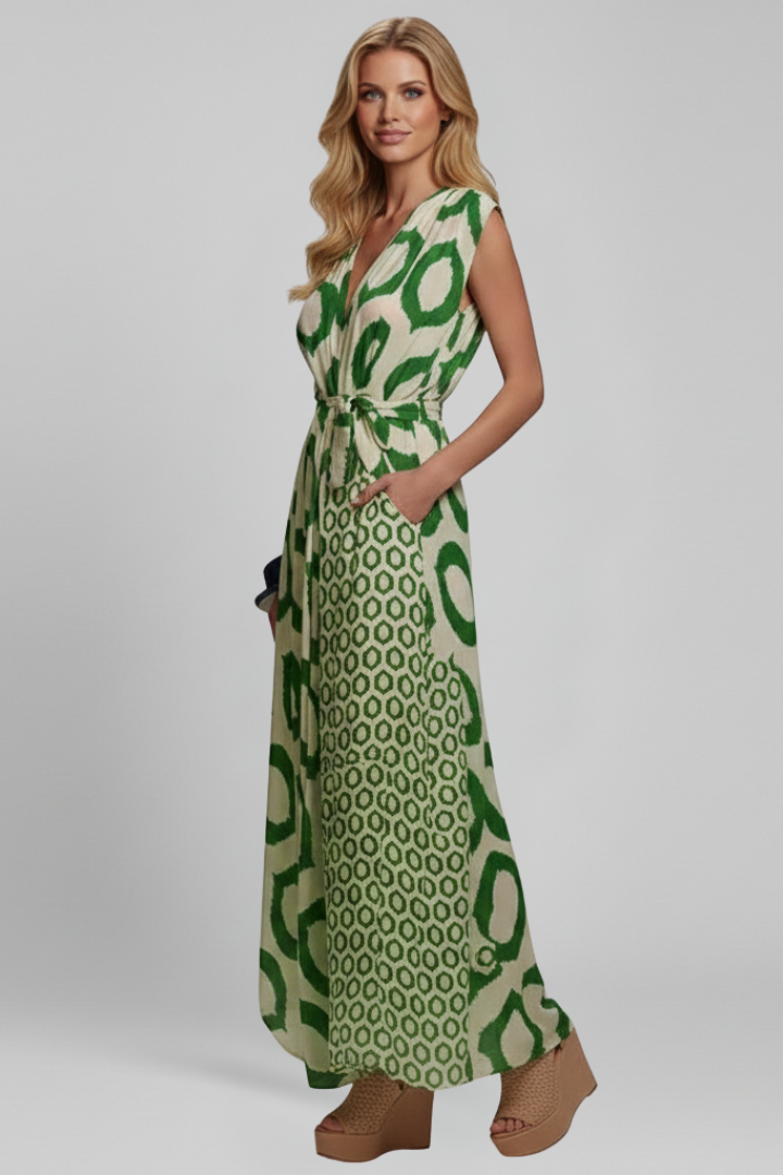 Women’s Jumpsuit with V Neckline and Printed Surface