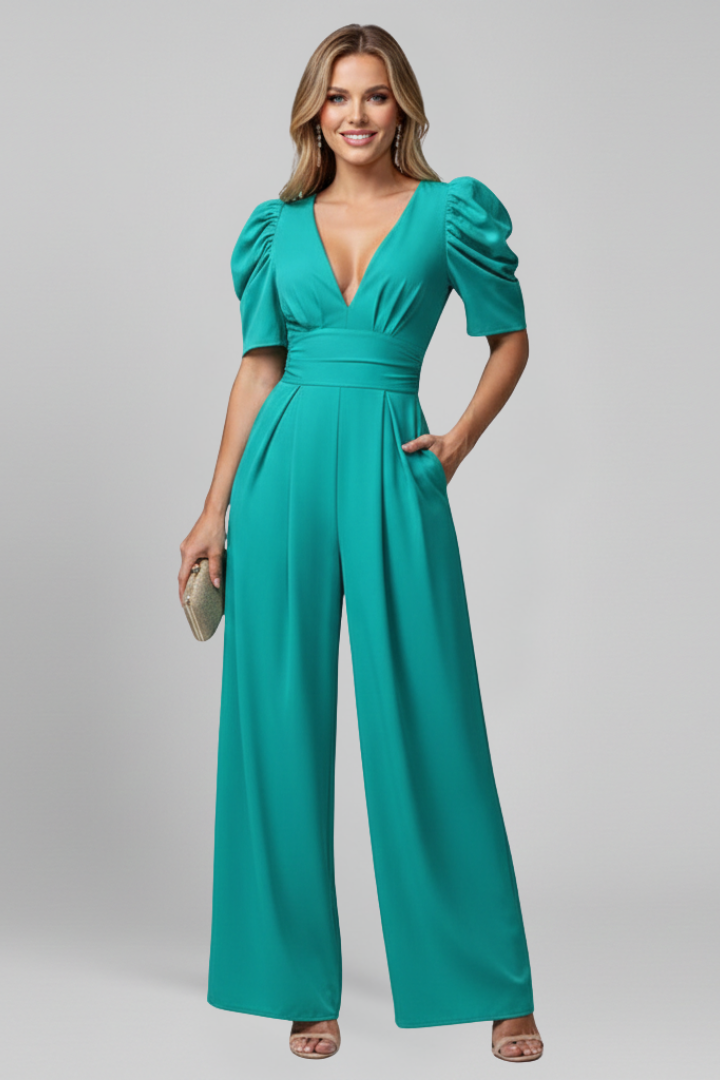 Women’s Jumpsuit with V Neckline and Puff Sleeves