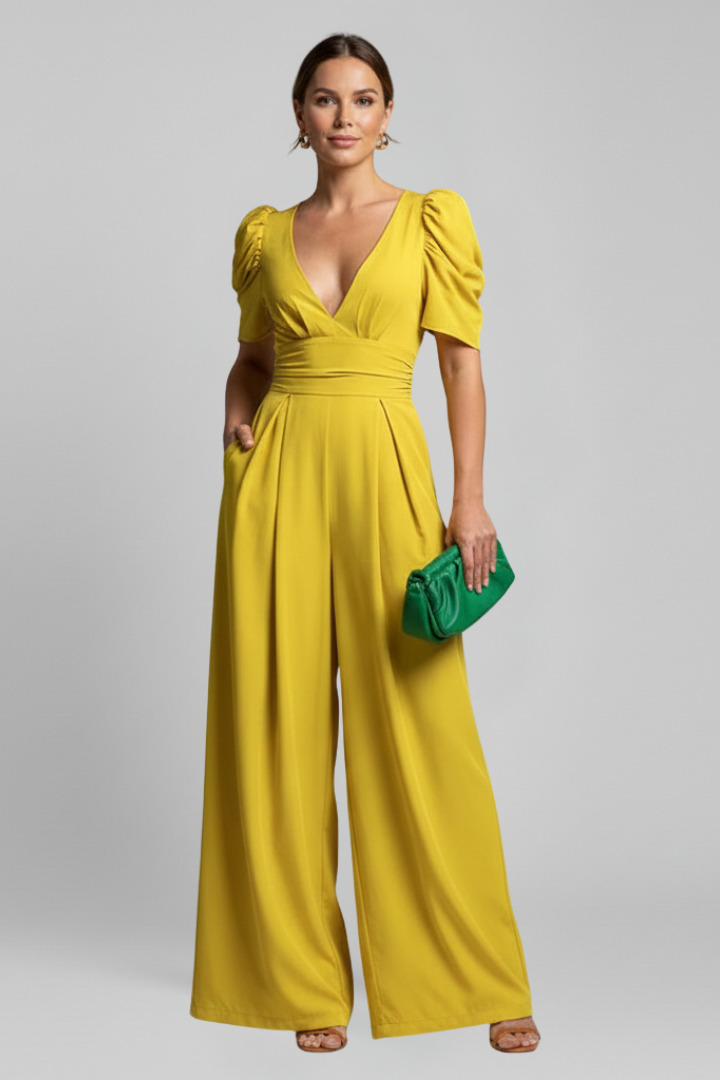 Women’s Jumpsuit with V Neckline and Puff Sleeves