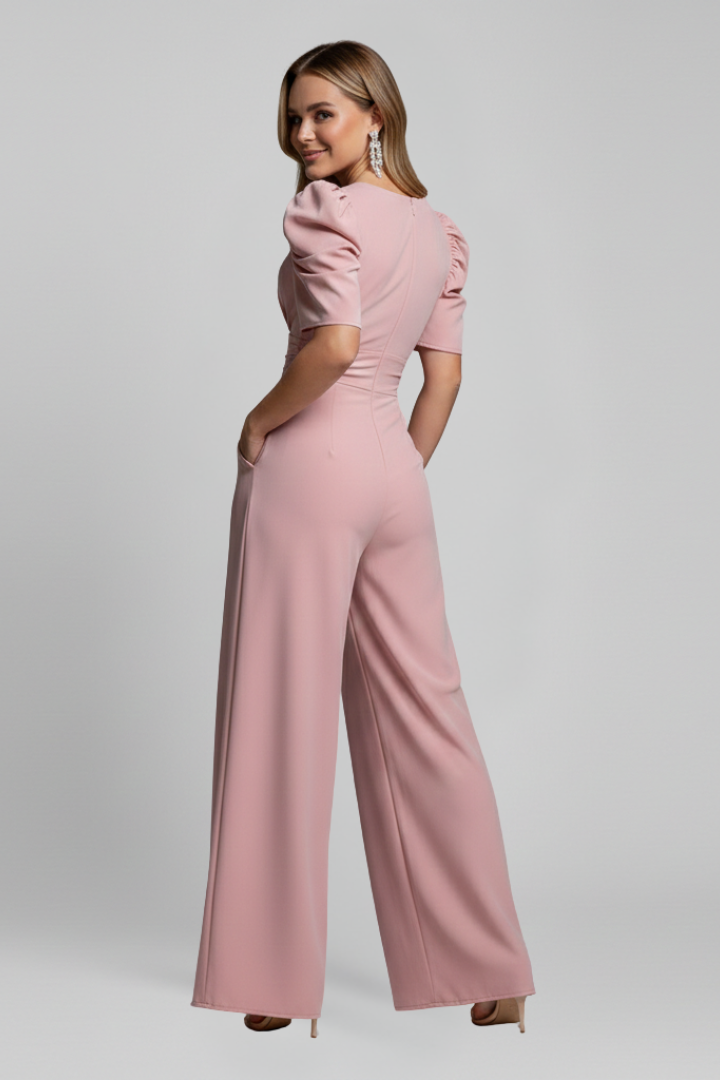 Women’s Jumpsuit with V Neckline and Puff Sleeves