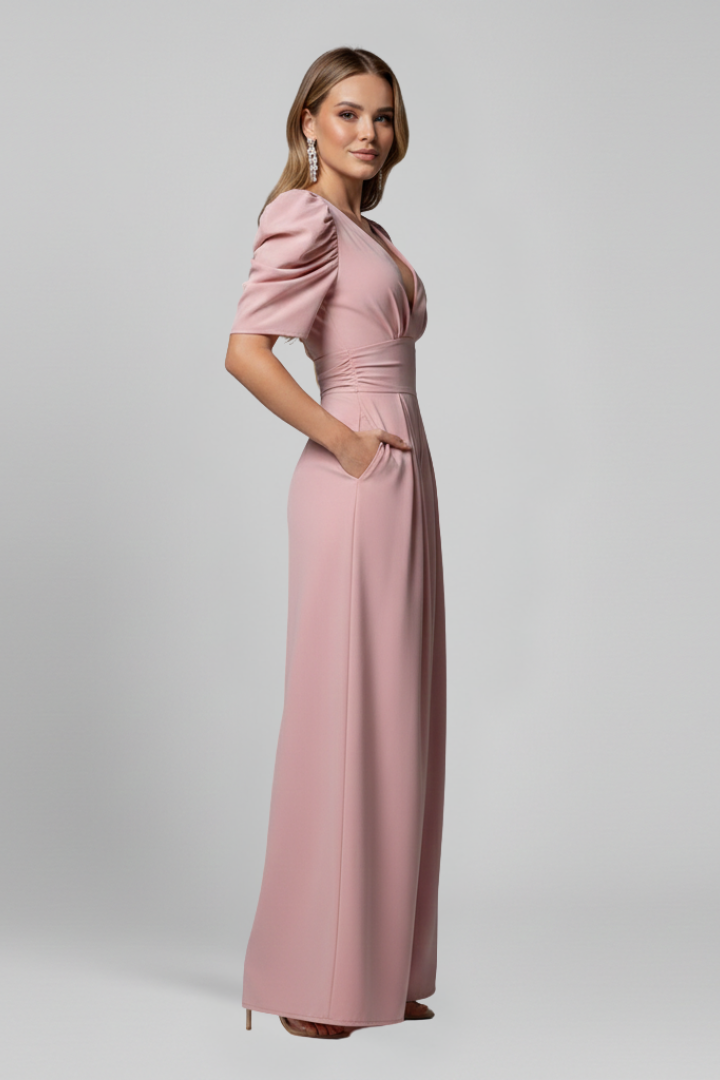Women’s Jumpsuit with V Neckline and Puff Sleeves