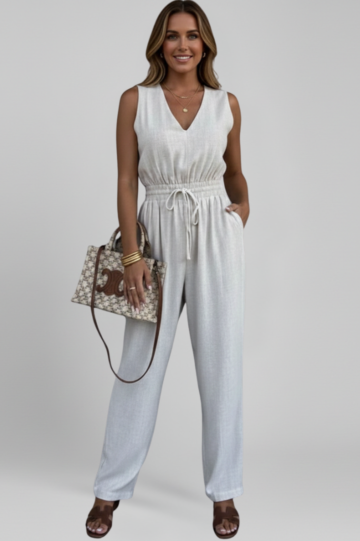 Women’s Jumpsuit with V Neckline and Waist Tie