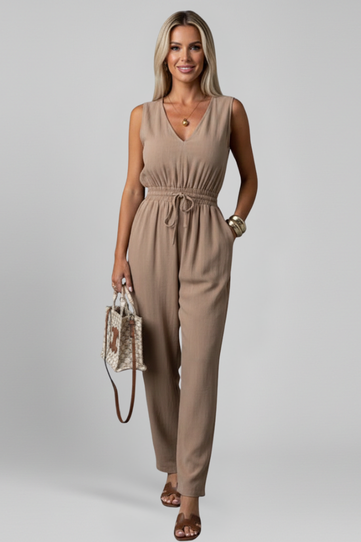 Women’s Jumpsuit with V Neckline and Waist Tie