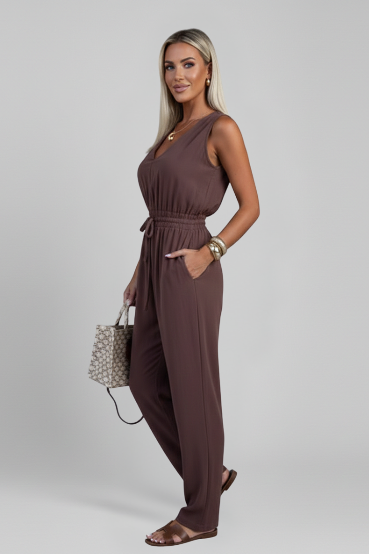 Women’s Jumpsuit with V Neckline and Waist Tie